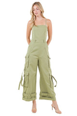 Thin Strap Sleeveless Wide-Leg Cargo Jumpsuit