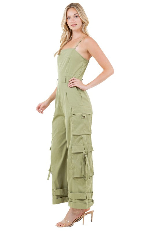 Thin Strap Sleeveless Wide-Leg Cargo Jumpsuit