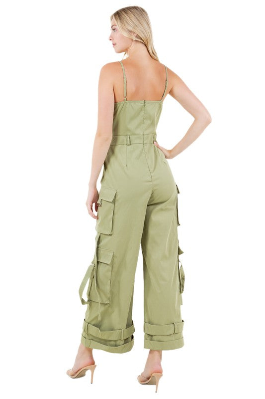 Thin Strap Sleeveless Wide-Leg Cargo Jumpsuit