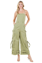 Thin Strap Sleeveless Wide-Leg Cargo Jumpsuit