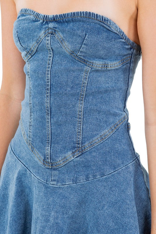 Blue Denim Strapless Mini Dress