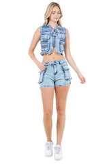 Blue Denim Sleeveless Vest & Short Set