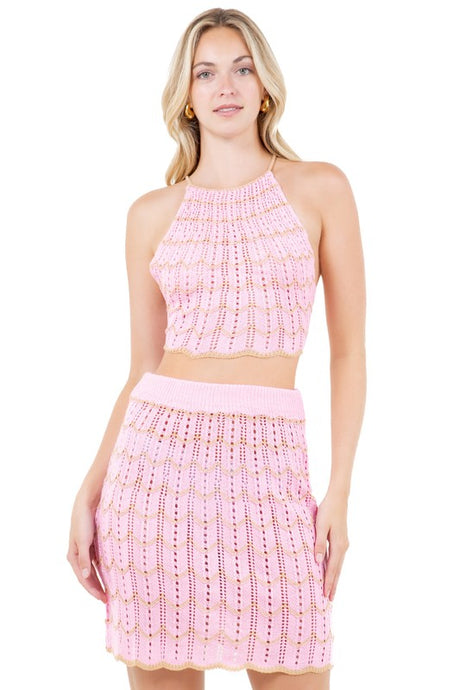 Sexy Pink Bralette Crop Top & Mini Skirt Set