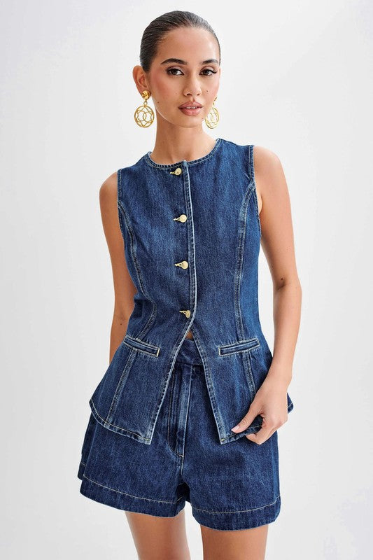 Round Neck Denim Vest & Short Set