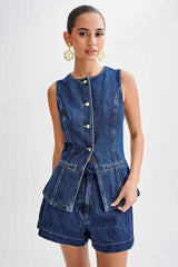 Round Neck Denim Vest & Short Set