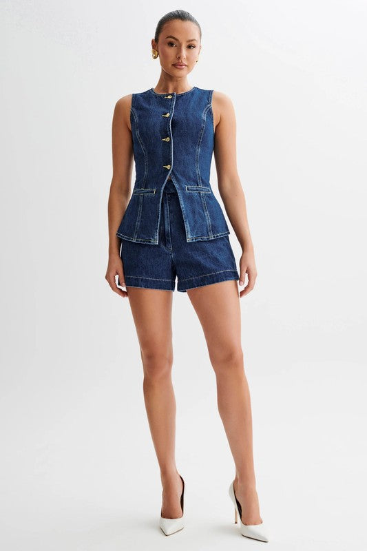 Round Neck Denim Vest & Short Set