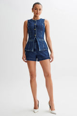 Round Neck Denim Vest & Short Set