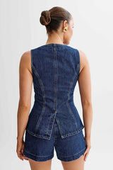 Round Neck Denim Vest & Short Set