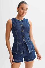 Round Neck Denim Vest & Short Set