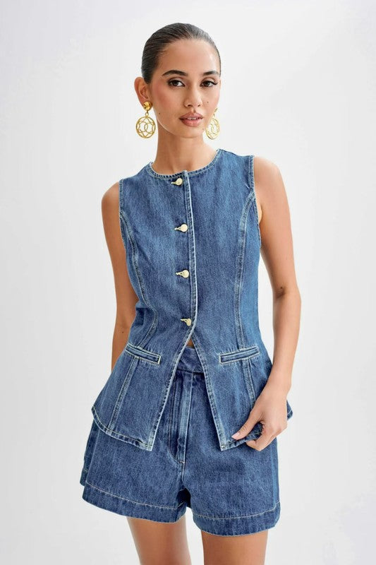 Round Neck Denim Vest & Short Set