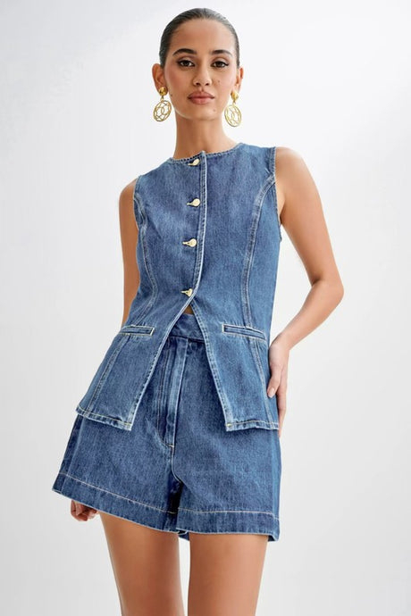 Round Neck Denim Vest & Short Set