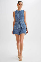 Round Neck Denim Vest & Short Set