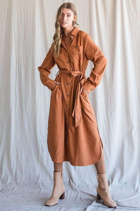 SOLID BUTTON DOWN BELTED LONG DRESS 30-545 king-general-store-5710.myshopify.com