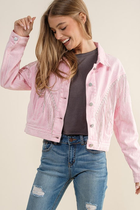 Crop Denim Jacket with Rhinestone Fringe