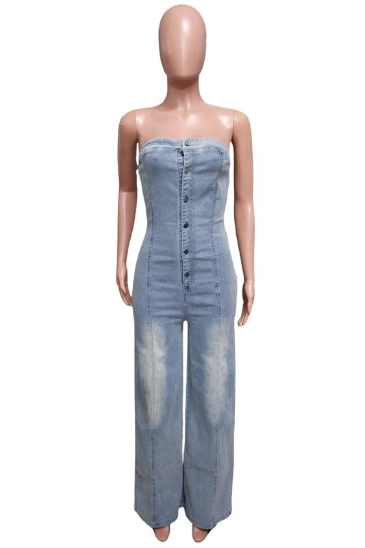 Strapless Button Up Front Straight Style Jumpsuit