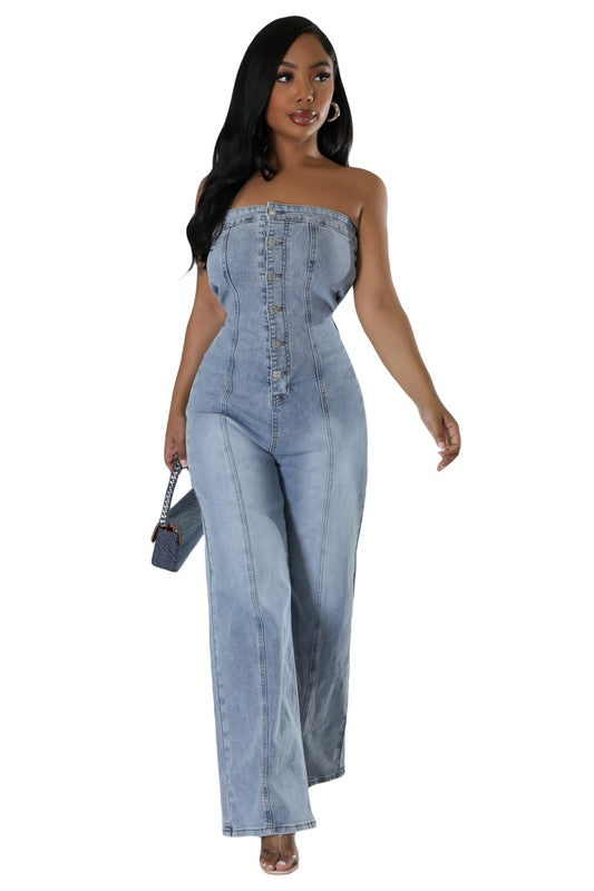 Strapless Button Up Front Straight Style Jumpsuit