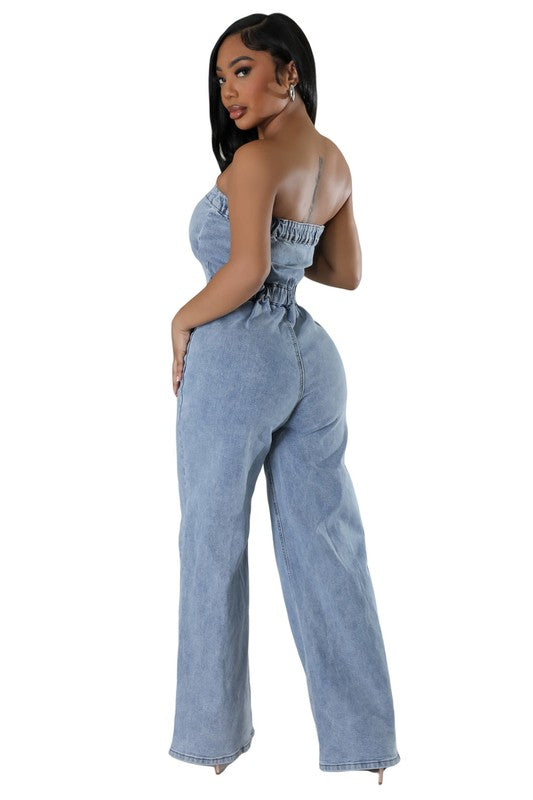 Strapless Button Up Front Straight Style Jumpsuit