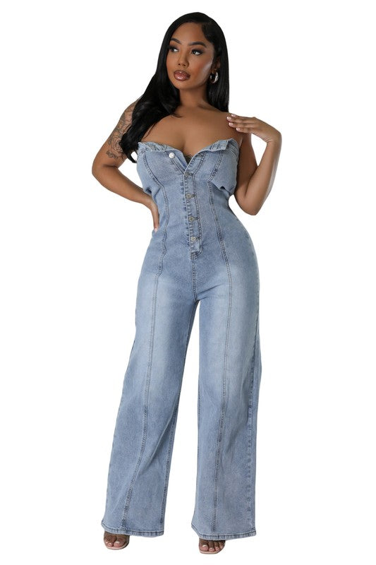 Strapless Button Up Front Straight Style Jumpsuit