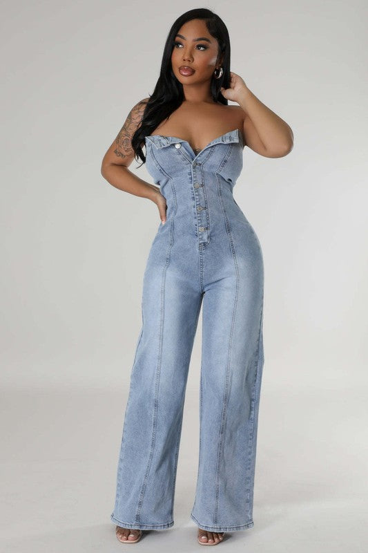 Strapless Button Up Front Straight Style Jumpsuit