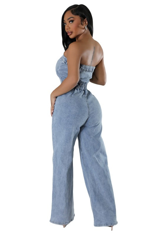 Strapless Button Up Front Straight Style Jumpsuit