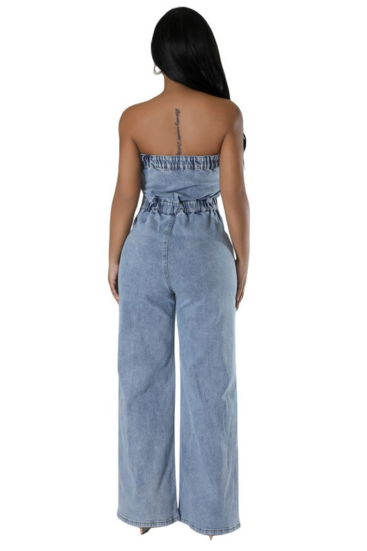 Strapless Button Up Front Straight Style Jumpsuit