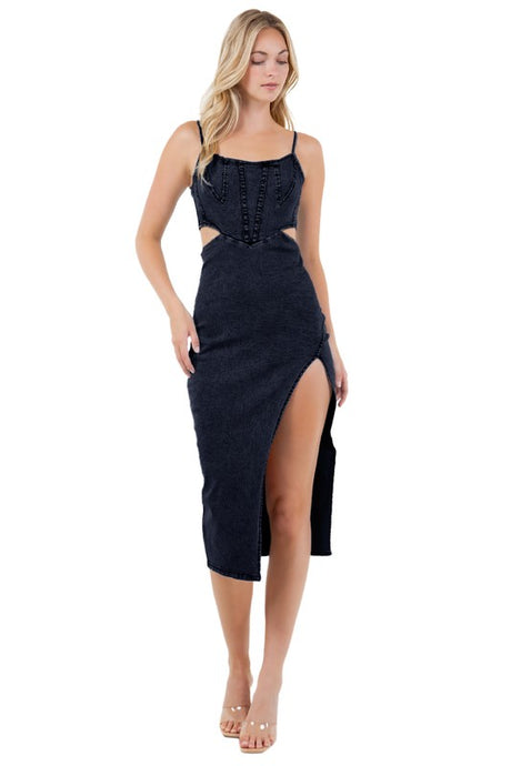 Fashion Denim Cut Off Side Midi Dress