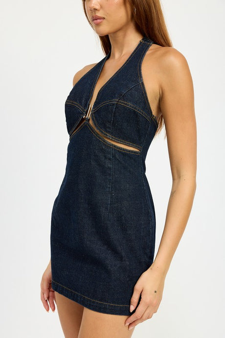 Halter Neck Mini Denim Dress with Cut Out