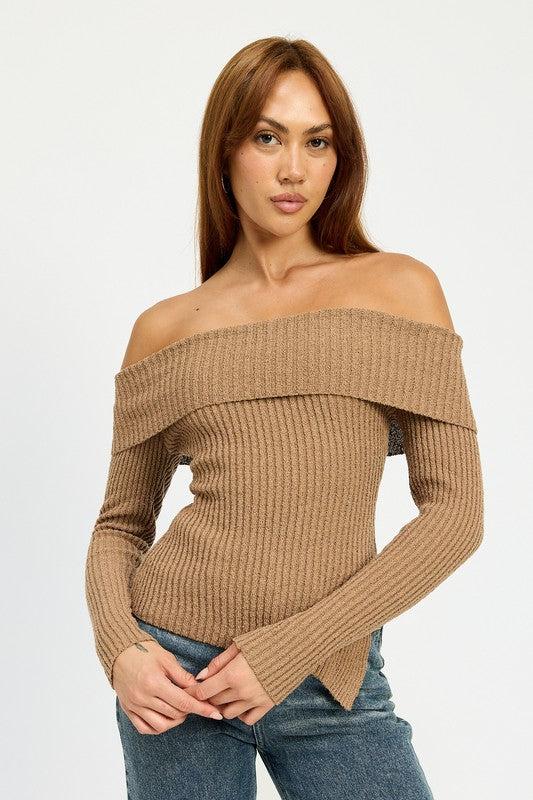 Mocha Asymmetrical Off Shoulder Top