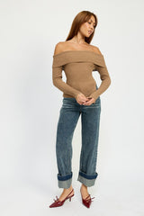 Mocha Asymmetrical Off Shoulder Top