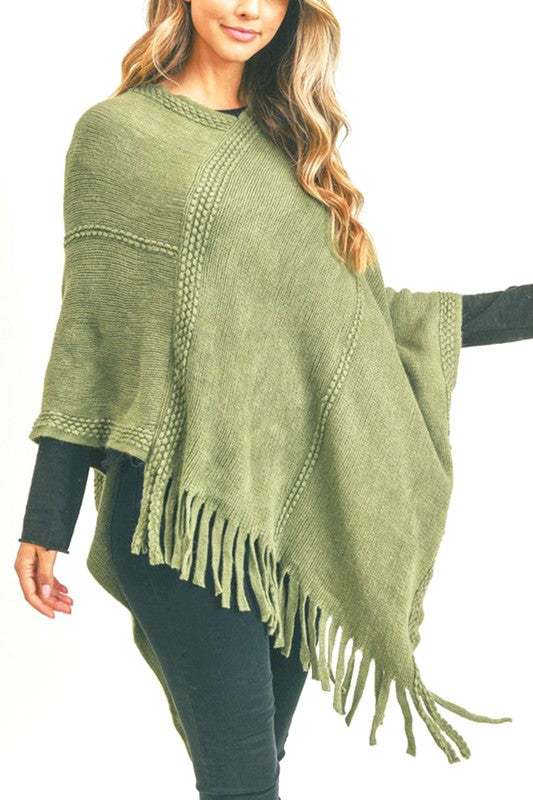 Line Stitch Flat Knit Fringe Poncho