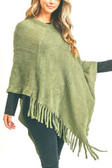 Line Stitch Flat Knit Fringe Poncho