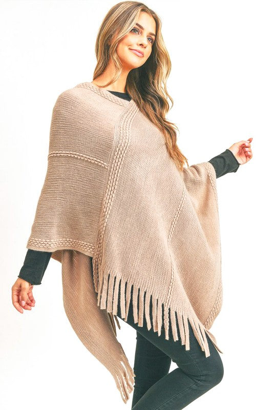 Line Stitch Flat Knit Fringe Poncho