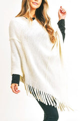 Line Stitch Flat Knit Fringe Poncho