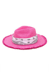 Bandana Fuchsia Raw Edge Straw Fedora