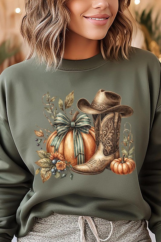 Pumpkin Western Fall Graphic Fleece Sweatshirt