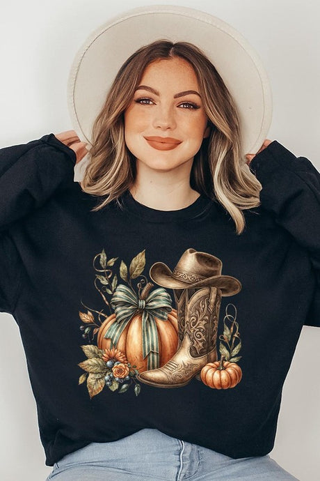 Pumpkin Western Fall Graphic Fleece Sweatshirt