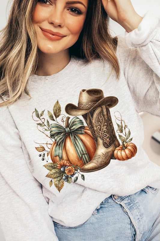 Pumpkin Western Fall Graphic Fleece Sweatshirt