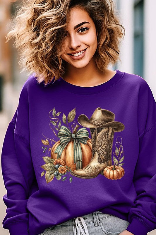 Pumpkin Western Fall Graphic Fleece Sweatshirt