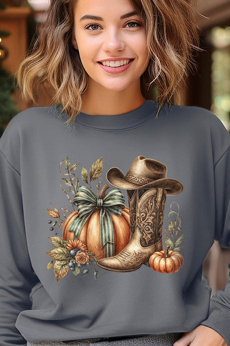 Pumpkin Western Fall Graphic Fleece Sweatshirt