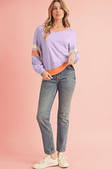 Rib Patchwork Drop Shoulder V Neck Sweatshirt