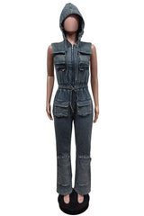 Sleeveless Cargo Style Hoodie Jumpsuit