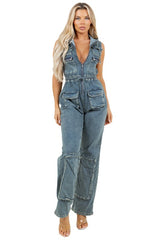 Sleeveless Cargo Style Hoodie Jumpsuit