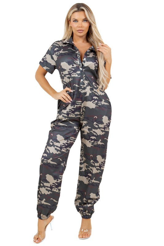 Spread Collar Short Sleeve Button Up Jumpsuit