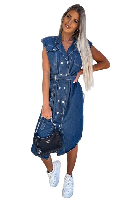 Waist Belt Denim Vest Midi Dress with Pockets