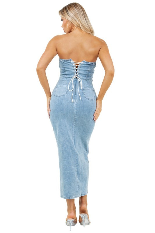 Strapless Stretch Bodycon Denim Maxi Dress