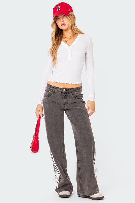 Full Length Side Strap High Waist Denim Pants