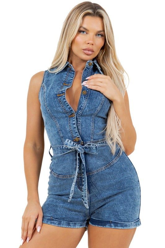 Sleeveless Spread Collar Front Button Romper