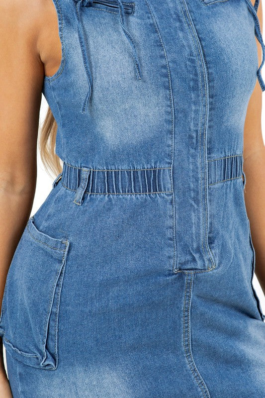 Side Patch Pocket Sleeveless Denim Mini Dress