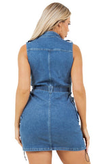 Side Patch Pocket Sleeveless Denim Mini Dress