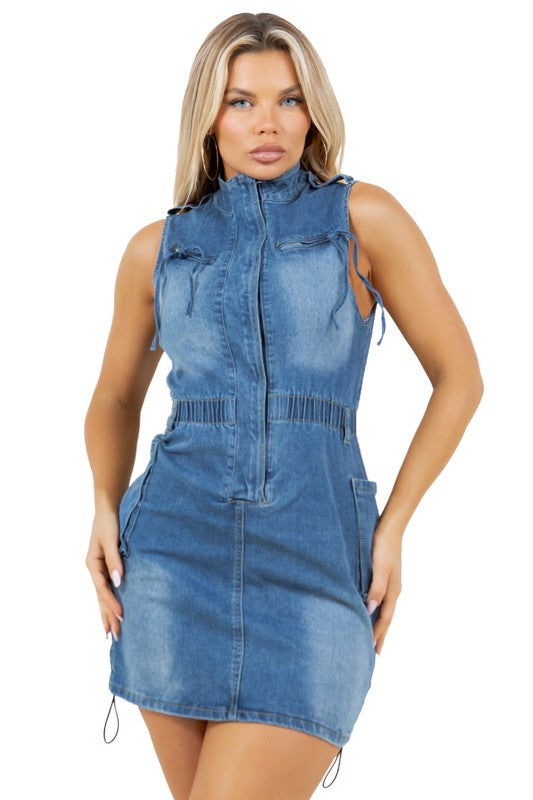 Side Patch Pocket Sleeveless Denim Mini Dress